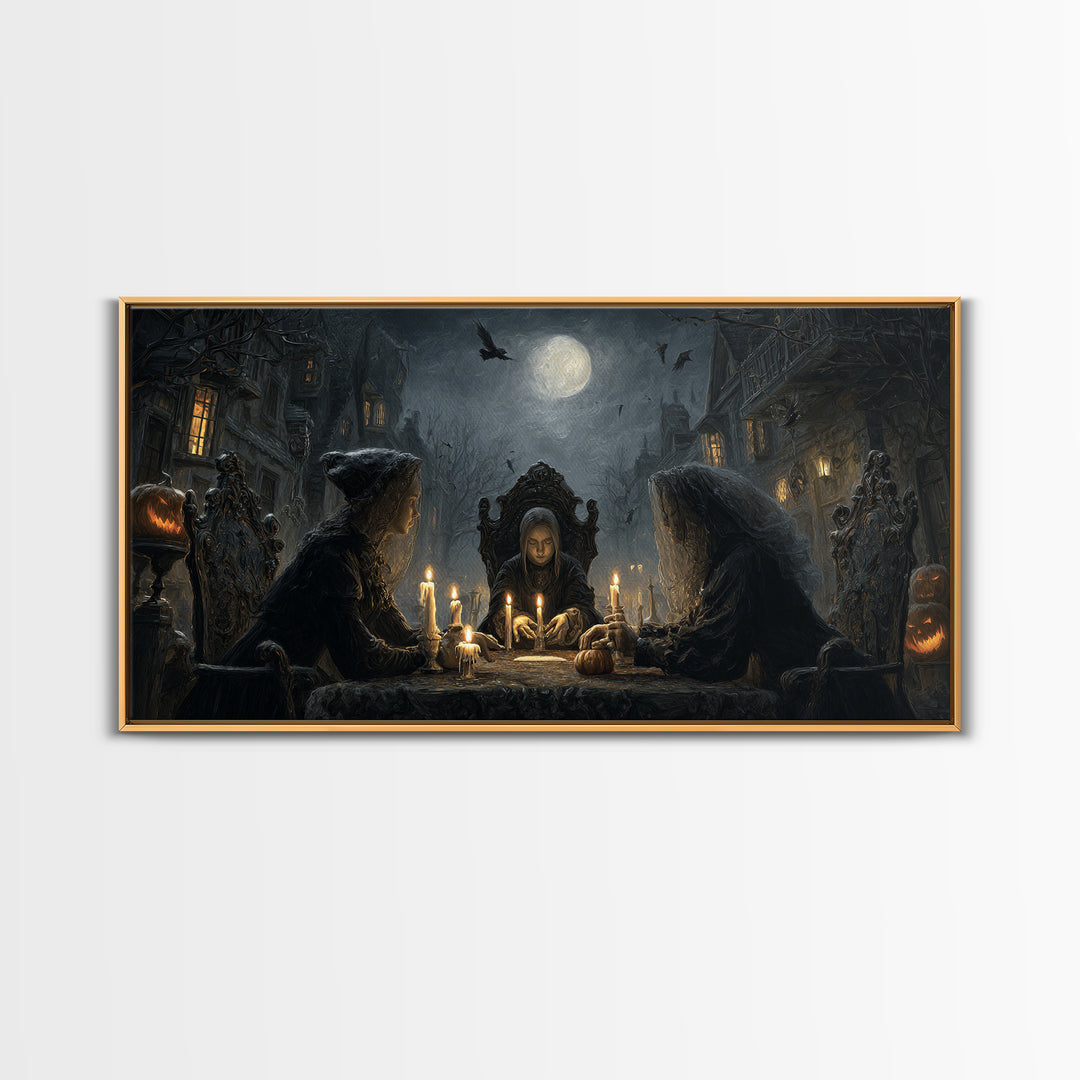 The Candlelit Seance, Wide Panoramic Art, Haunted Gothic Art, Framed Canvas Print, Halloween Wall Decor, Gothic Home Decor