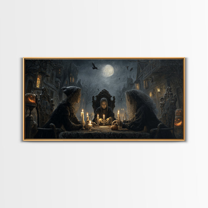 The Candlelit Seance, Wide Panoramic Art, Haunted Gothic Art, Framed Canvas Print, Halloween Wall Decor, Gothic Home Decor