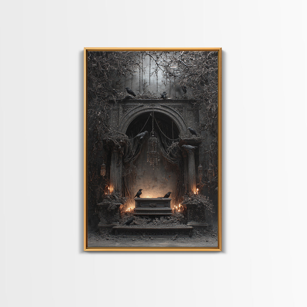 The Raven Funeral, Vertical Wall Art, Gothic Horror Wall Art, Framed Canvas Print, Halloween Wall Decor, Gothic Home Decor, Dark Fantasy Art
