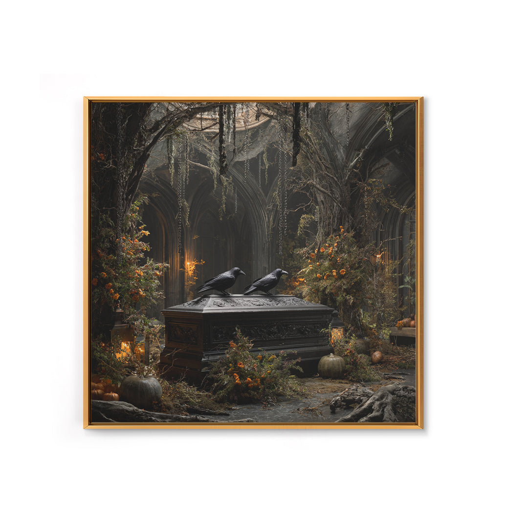 The Raven Funeral, Square Wall Art, Haunted Gothic Art, Framed Canvas Print, Halloween Wall Decor, Gothic Home Decor, Macabre Wall Art