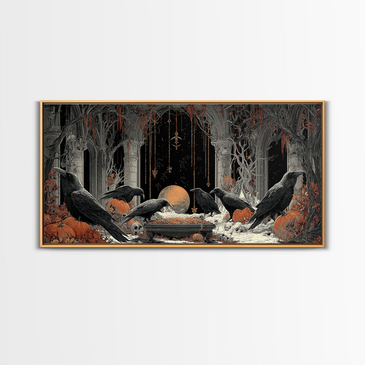 The Raven Funeral, Wide Panoramic Art, Gothic Horror Wall Art, Framed Canvas Print, Halloween Wall Decor, Gothic Home Decor, Halloween Decor