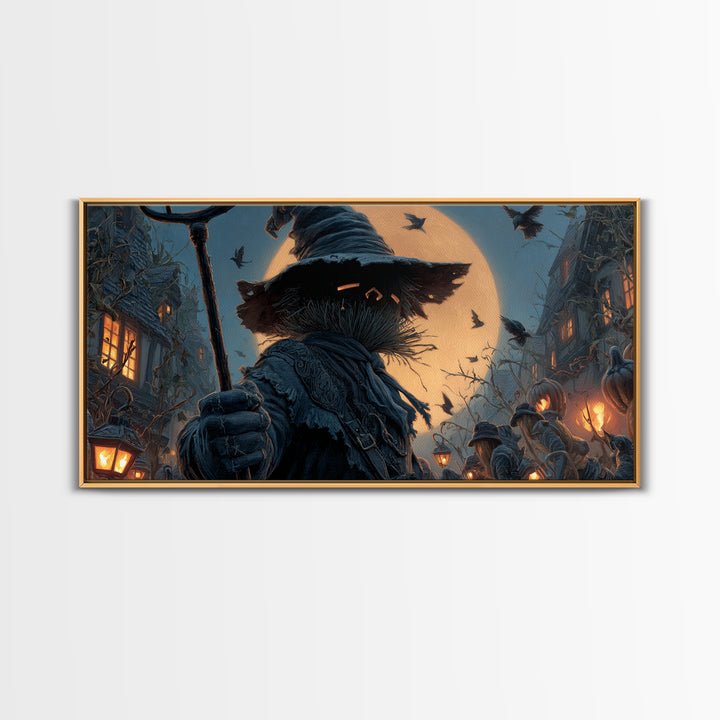 The Scarecrow Uprising, Wide Panoramic Art, Haunted Gothic Art, Framed Canvas Print, Halloween Wall Decor, Gothic Home Decor