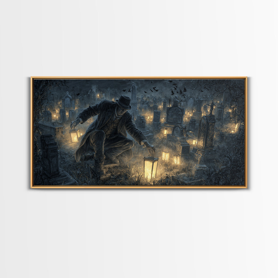 The Cemetery Lantern Festival, Wide Panoramic Art, Dark Fantasy Wall Art, Canvas Print, Halloween Wall Decor, Gothic Home Decor