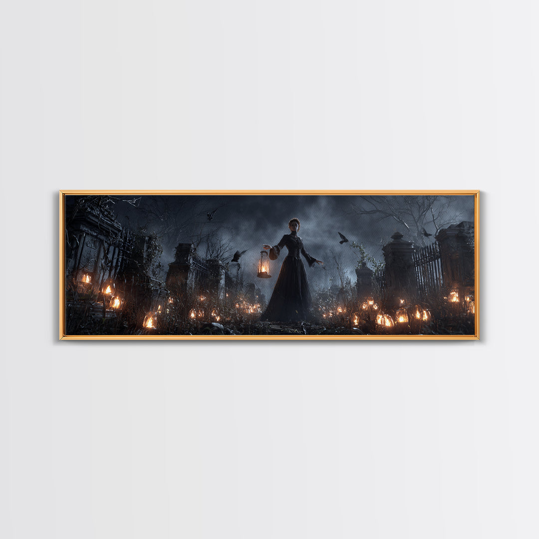 The Cemetery Lantern Festival, Extra Wide Wall Art, Macabre Wall Art, Framed Canvas Print, Halloween Wall Decor, Gothic Home Decor