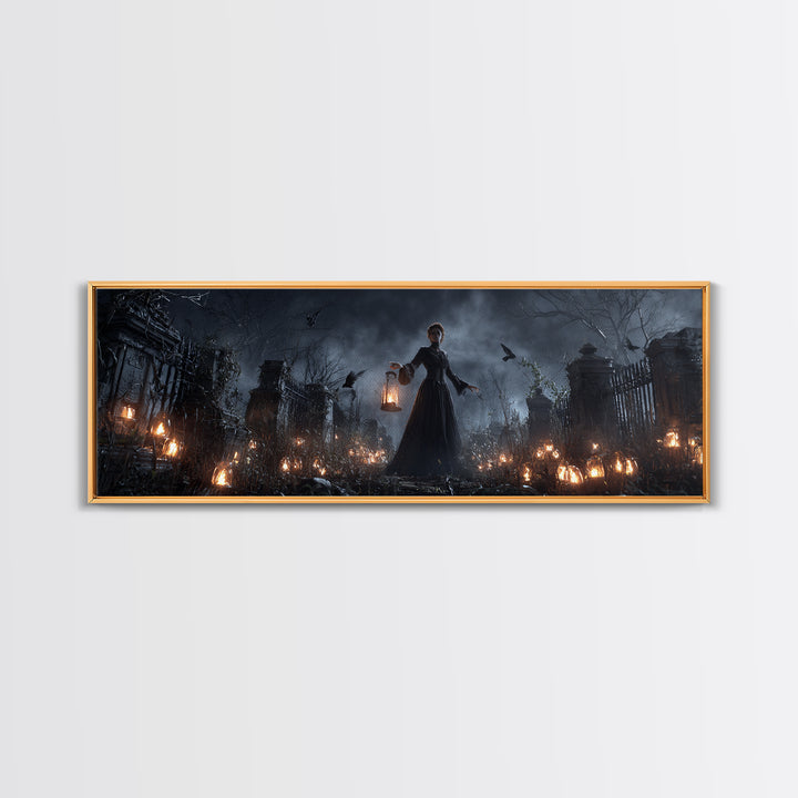 The Cemetery Lantern Festival, Extra Wide Wall Art, Macabre Wall Art, Framed Canvas Print, Halloween Wall Decor, Gothic Home Decor