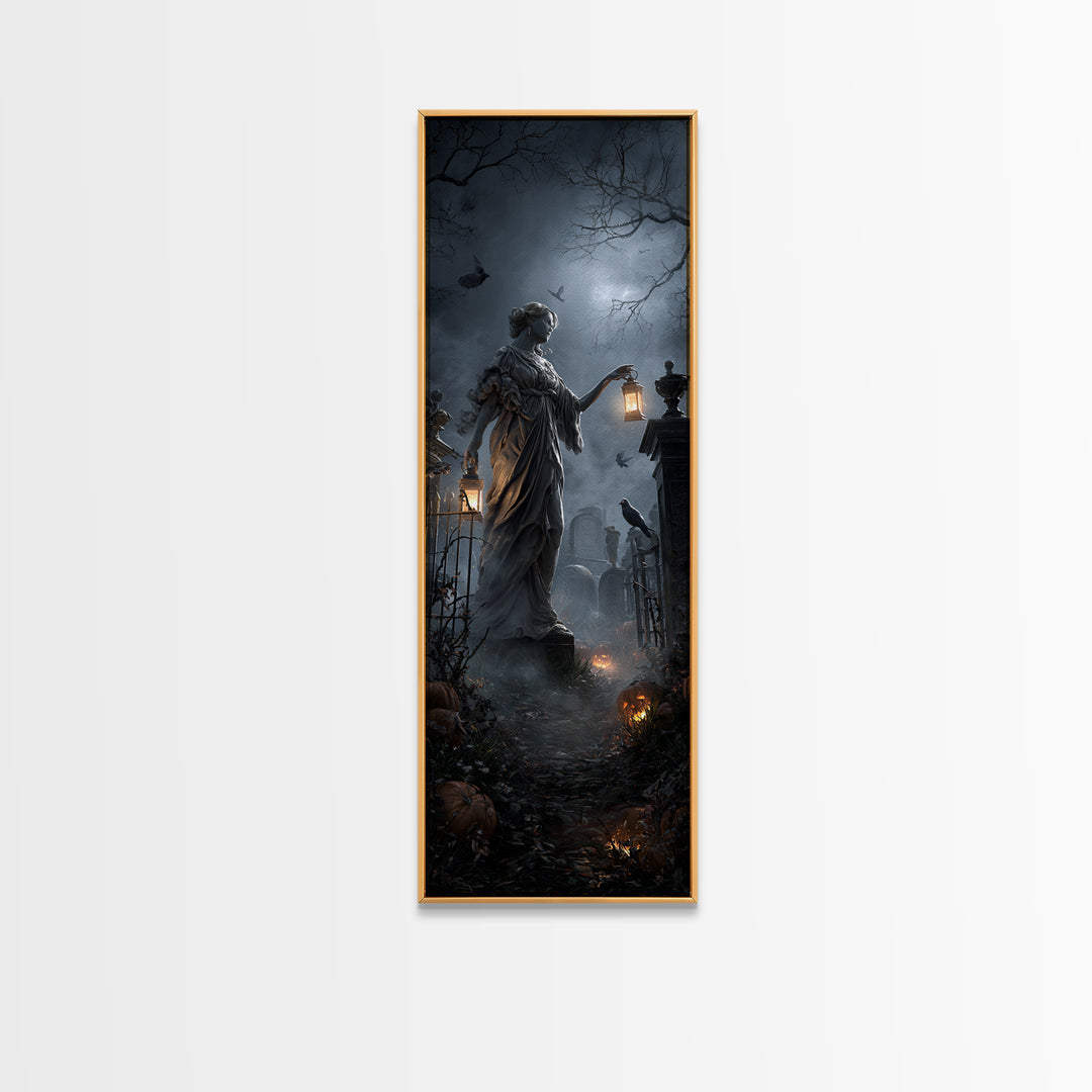 The Cemetery Lantern Festival, Tall Narrow Wall Art, Macabre Wall Art, Framed Canvas Print, Halloween Wall Decor, Gothic Home Decor