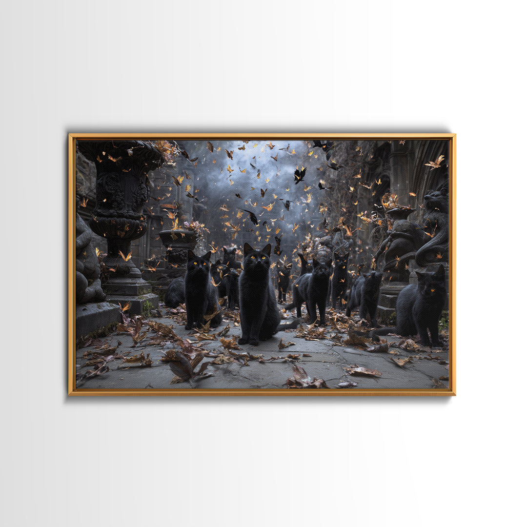 The Black Cat Gathering, Landscape Wall Art, Haunted Gothic Art, Framed Canvas Print, Halloween Wall Decor, Gothic Home Decor