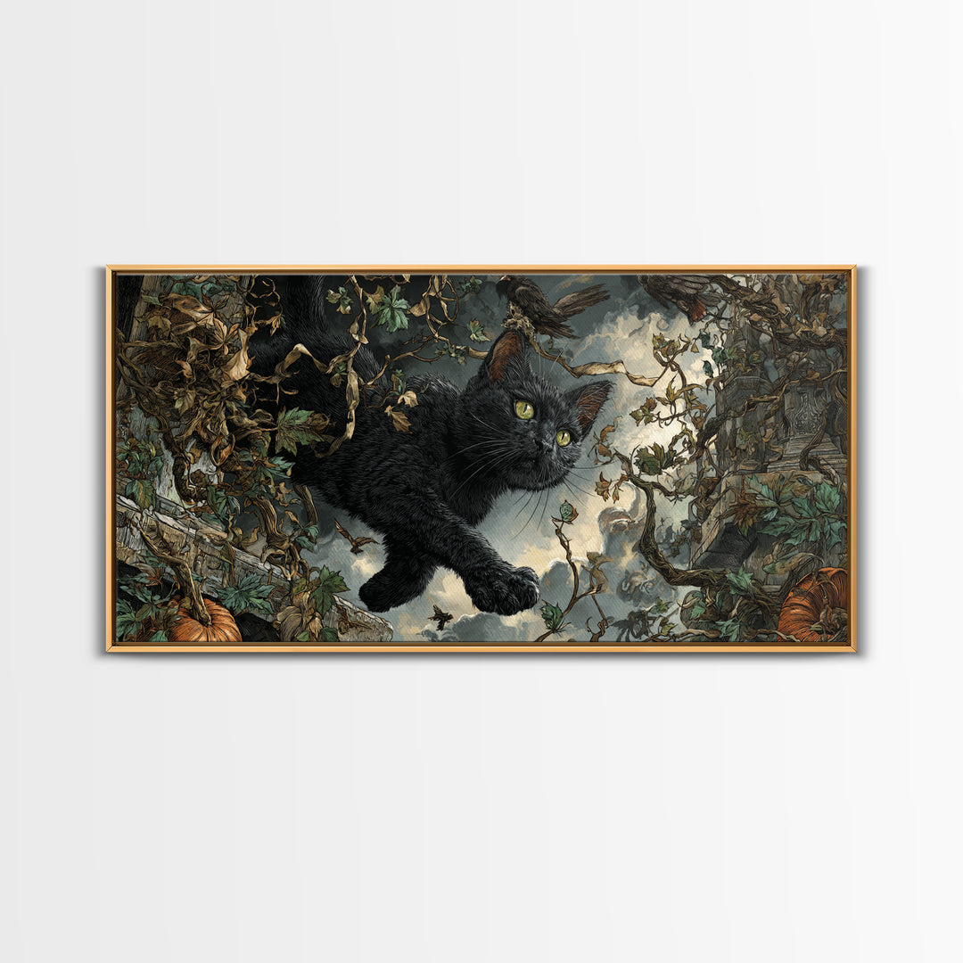 The Black Cat Gathering, Wide Panoramic Art, Gothic Horror Wall Art, Framed Canvas Print, Halloween Wall Decor, Gothic Home Decor