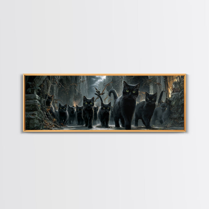 The Black Cat Gathering, Extra Wide Wall Art, Gothic Horror Wall Art, Framed Canvas Print, Halloween Wall Decor, Gothic Home Decor