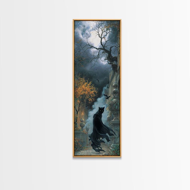 The Black Cat Gathering, Tall Narrow Wall Art, Dark Halloween Decor, Canvas Print, Halloween Wall Decor, Gothic Home Decor
