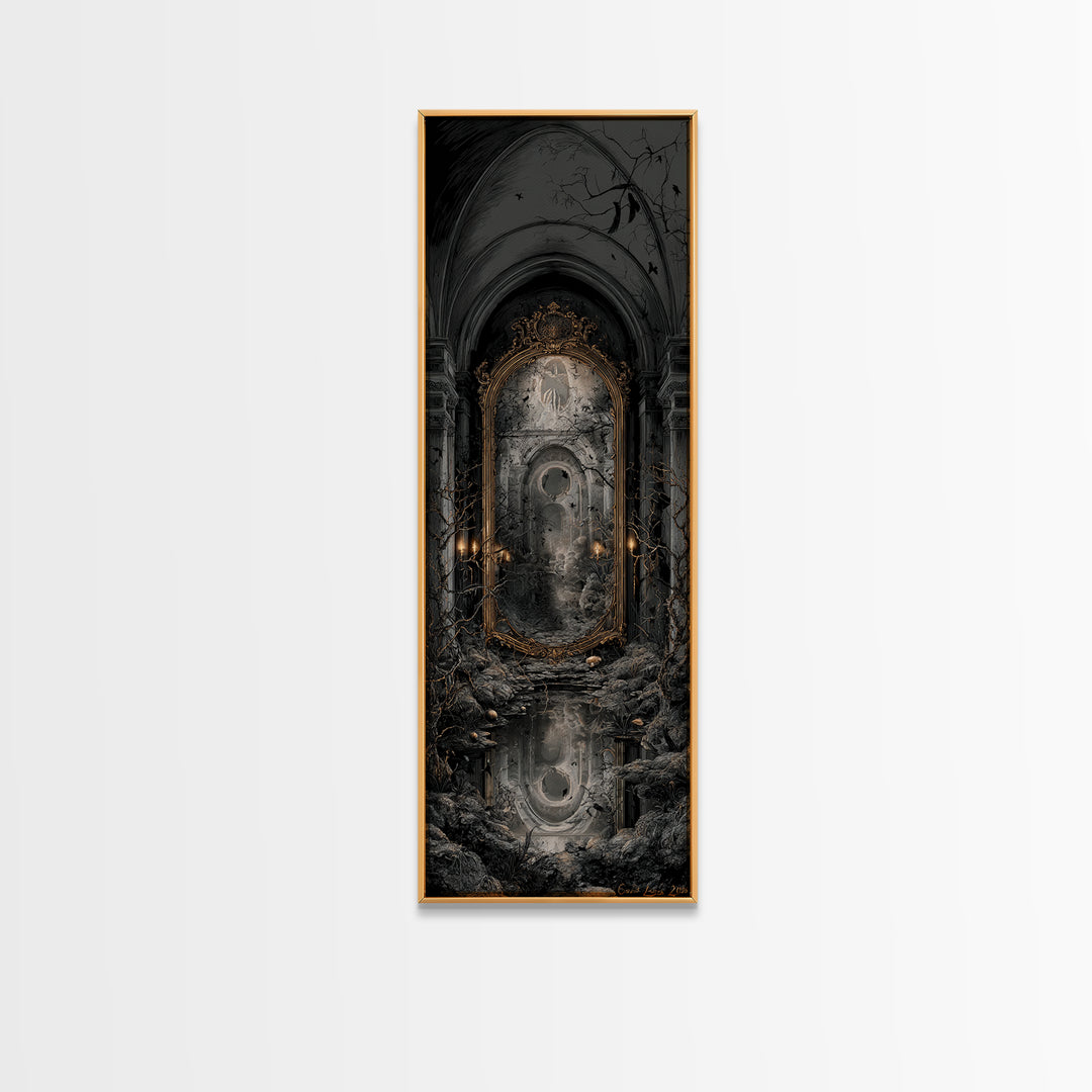 The Cursed Mirror, Tall Narrow Wall Art, Gothic Horror Wall Art, Framed Canvas Print, Halloween Wall Decor, Gothic Home Decor