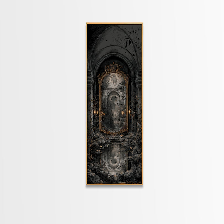 The Cursed Mirror, Tall Narrow Wall Art, Gothic Horror Wall Art, Framed Canvas Print, Halloween Wall Decor, Gothic Home Decor
