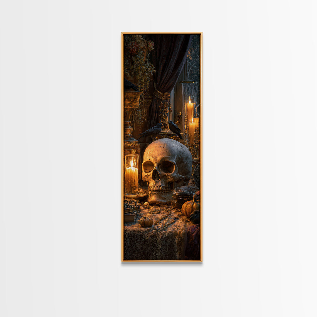 The Talking Skull, Tall Narrow Wall Art, Gothic Horror Wall Art, Framed Canvas Print, Halloween Wall Decor, Gothic Home Decor