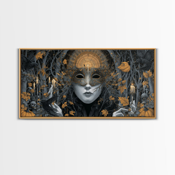 The Cracked Porcelain Mask, Wide Panoramic Art, Haunted Gothic Art, Framed Canvas Print, Halloween Wall Decor, Gothic Home Decor