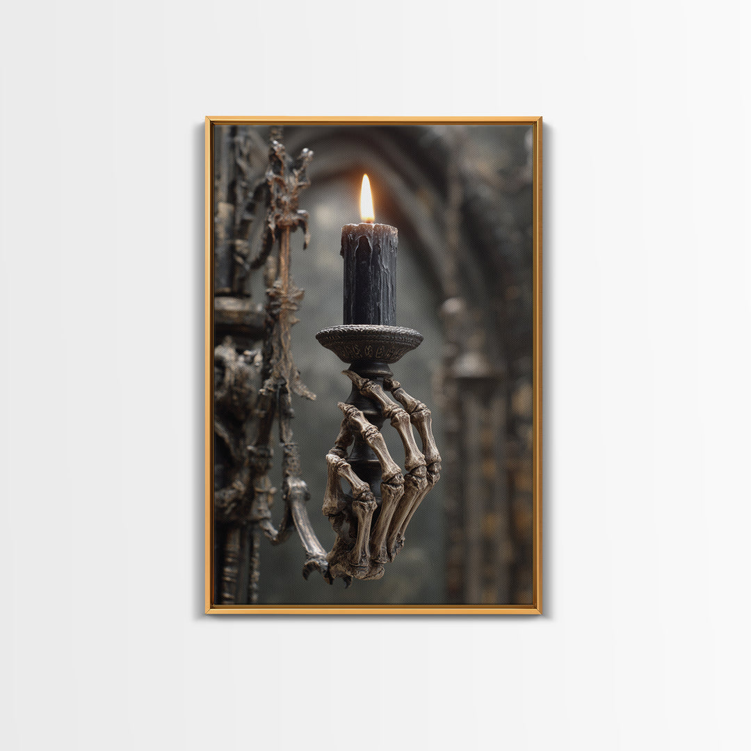 The Skeletal Hand Candleholder, Vertical Wall Art, Macabre Wall Art, Framed Canvas Print, Halloween Wall Decor, Gothic Home Decor