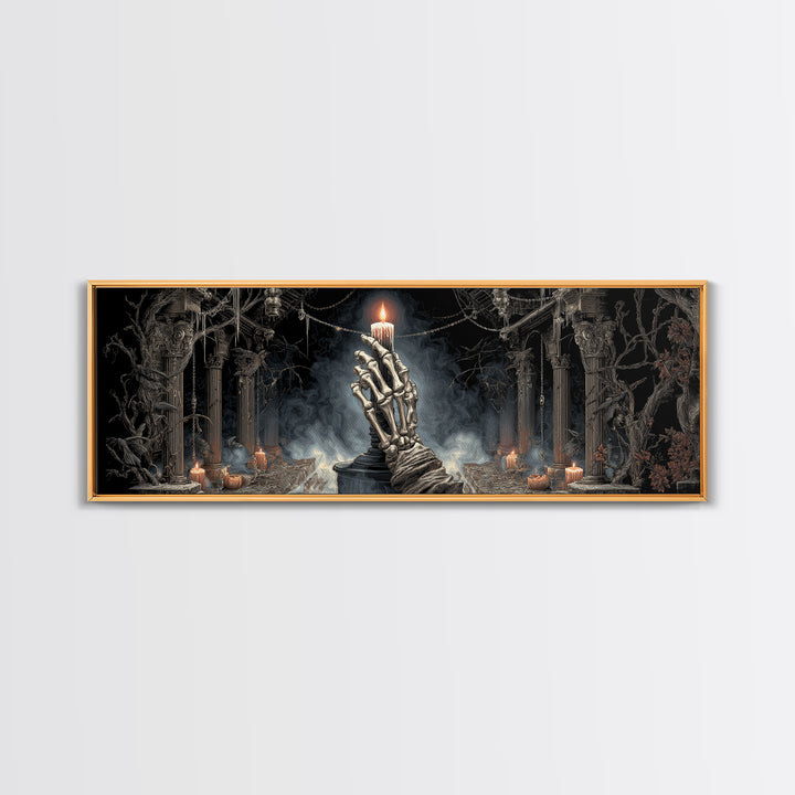 The Skeletal Hand Candleholder, Extra Wide Wall Art, Macabre Wall Art, Framed Canvas Print, Halloween Wall Decor, Gothic Home Decor