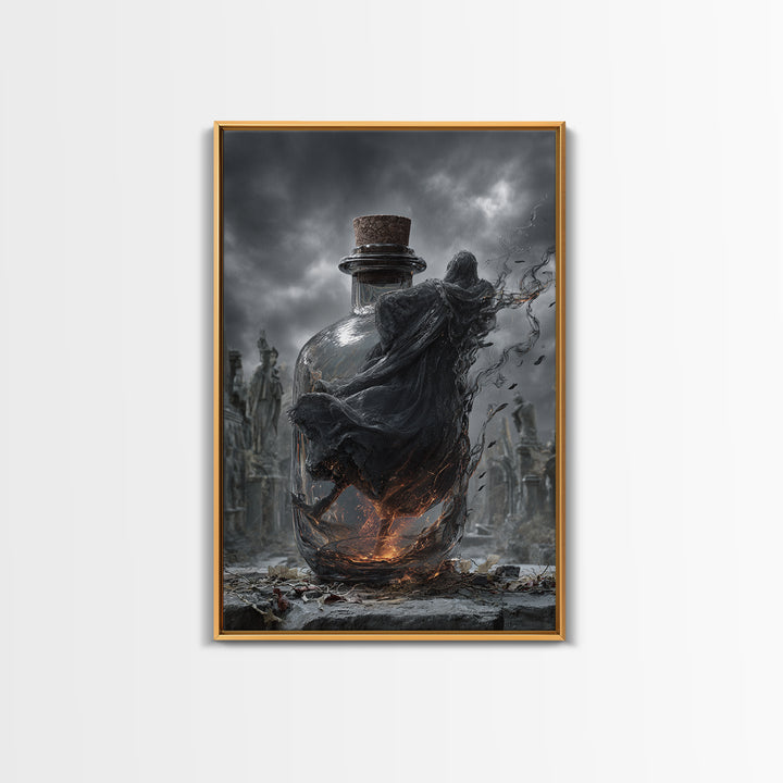 The Bottled Ghost, Vertical Wall Art, Gothic Horror Wall Art, Framed Canvas Print, Halloween Wall Decor, Gothic Home Decor