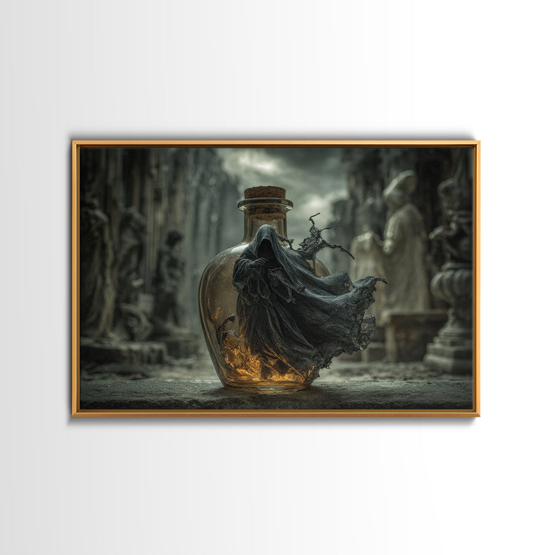 The Bottled Ghost, Landscape Wall Art, Macabre Wall Art, Framed Canvas Print, Halloween Wall Decor, Gothic Home Decor