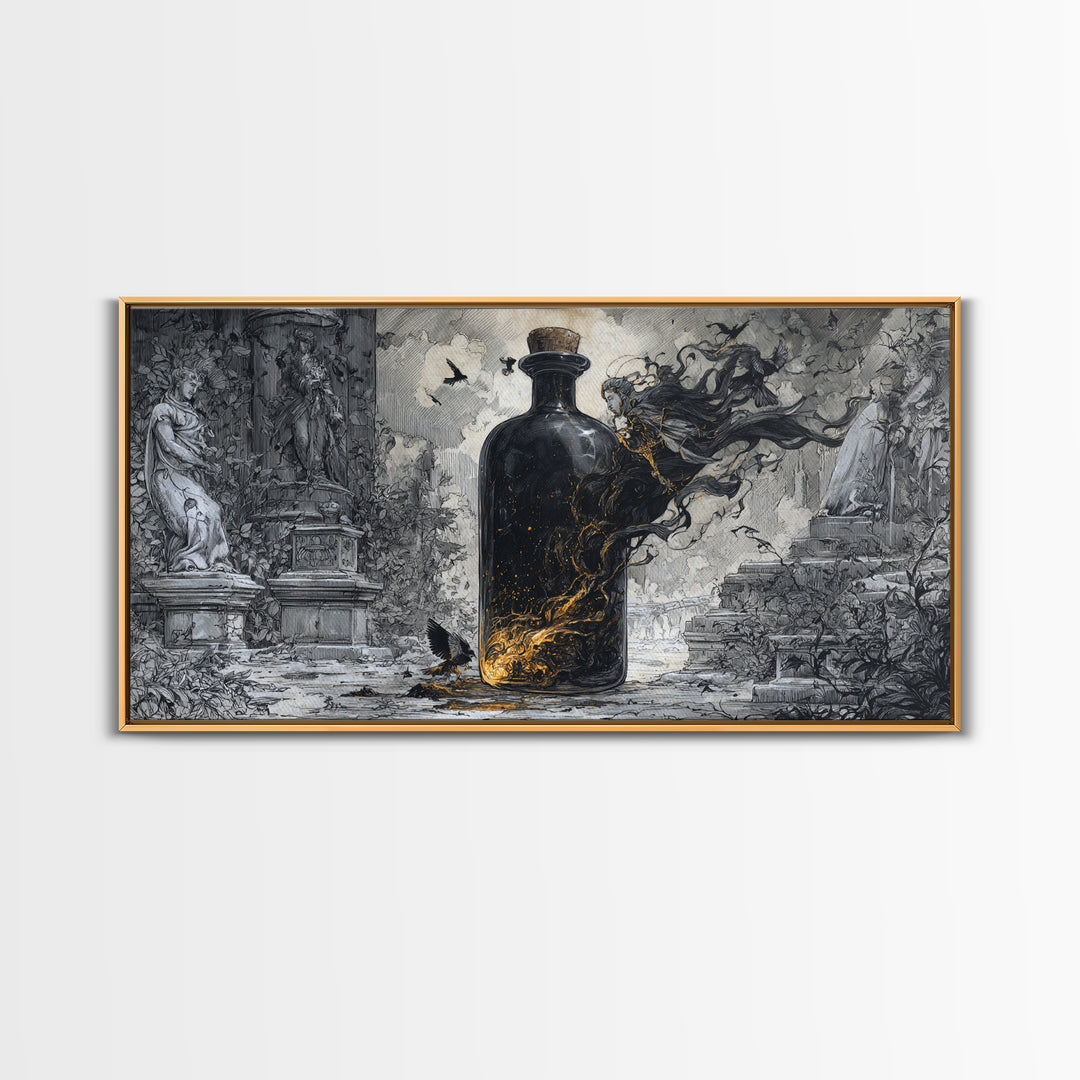 The Bottled Ghost, Wide Panoramic Art, Dark Fantasy Wall Art, Canvas Print, Halloween Wall Decor, Gothic Home Decor, Seasonal Home Decor