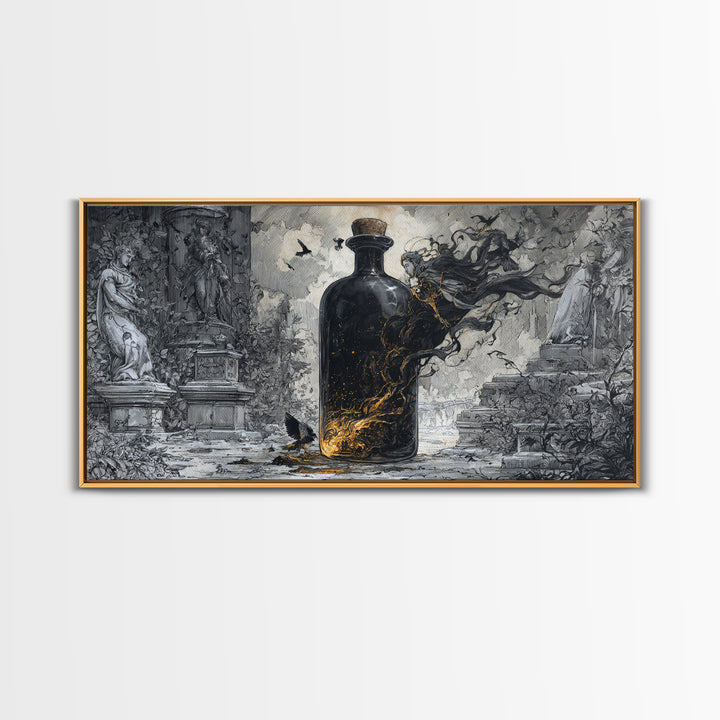 The Bottled Ghost, Wide Panoramic Art, Dark Fantasy Wall Art, Canvas Print, Halloween Wall Decor, Gothic Home Decor, Seasonal Home Decor