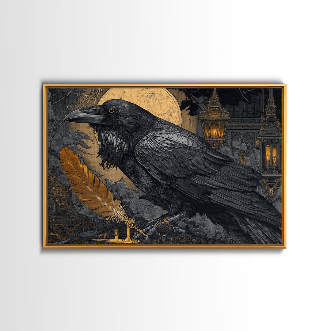 The Raven-Feather Quill, Landscape Wall Art, Macabre Wall Art, Framed Canvas Print, Halloween Wall Decor, Gothic Home Decor