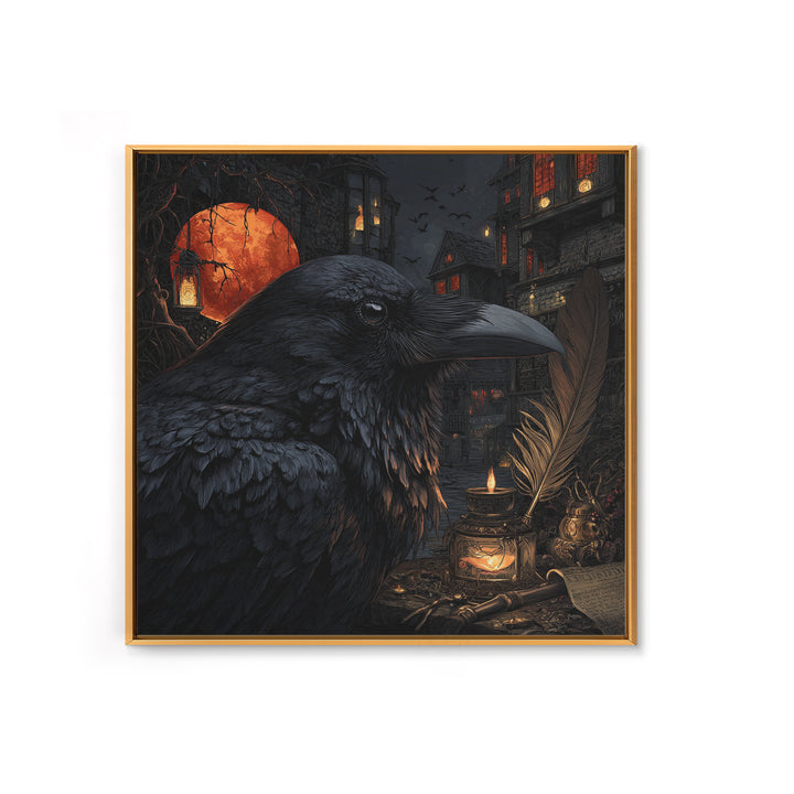 The Raven-Feather Quill, Square Wall Art, Gothic Horror Wall Art, Framed Canvas Print, Halloween Wall Decor, Gothic Home Decor