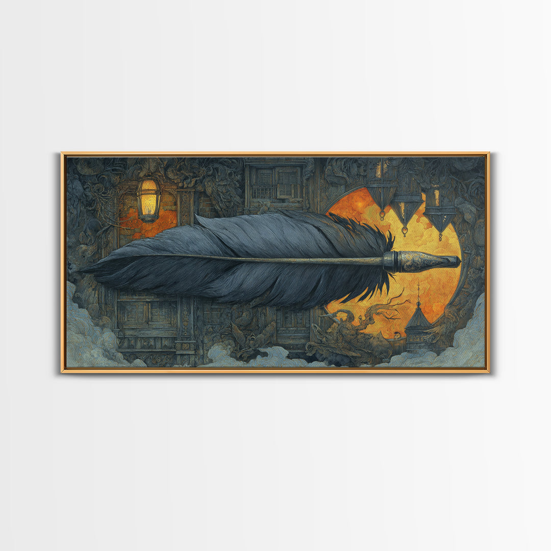The Raven-Feather Quill, Wide Panoramic Art, Gothic Horror Wall Art, Framed Canvas Print, Halloween Wall Decor, Gothic Home Decor