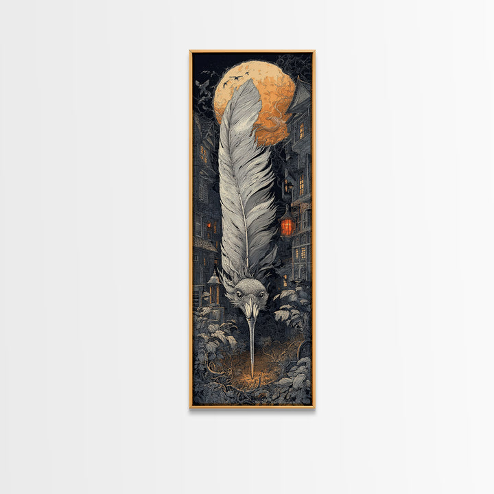 The Raven-Feather Quill, Tall Narrow Wall Art, Macabre Wall Art, Framed Canvas Print, Halloween Wall Decor, Gothic Home Decor