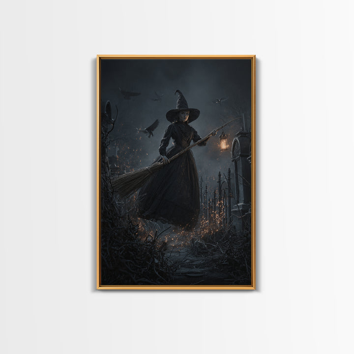 The Witch'S Broom, Vertical Wall Art, Haunted Gothic Art, Framed Canvas Print, Halloween Wall Decor, Gothic Home Decor, Spooky Wall Decor