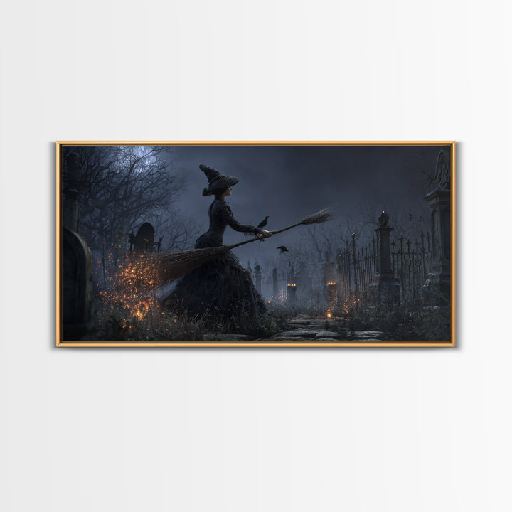The Witch'S Broom, Wide Panoramic Art, Gothic Horror Wall Art, Framed Canvas Print, Halloween Wall Decor, Gothic Home Decor, Halloween Decor