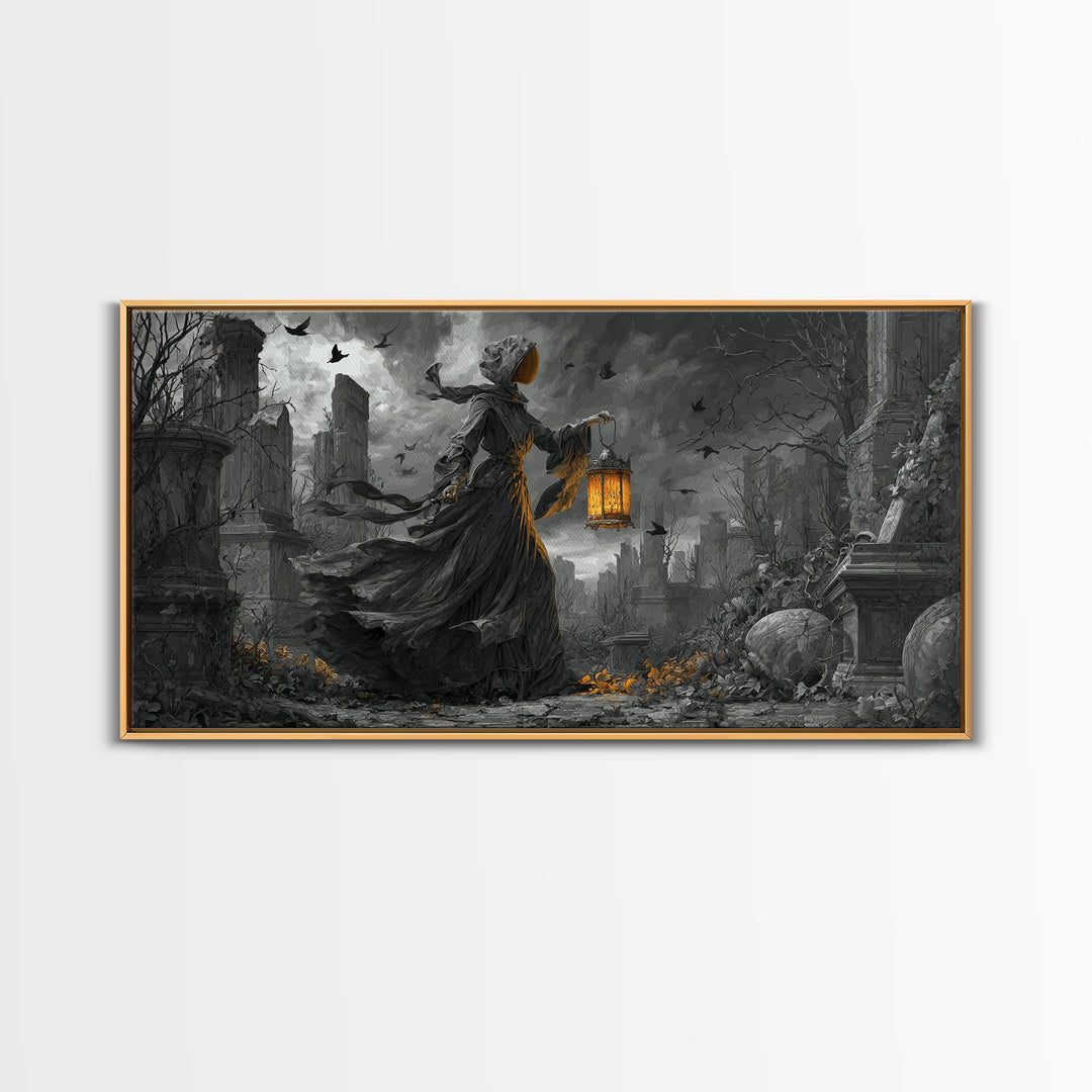 The Bone-Handled Lantern, Wide Panoramic Art, Spooky Home Decor, Canvas Print, Halloween Wall Decor, Gothic Home Decor, Dark Fantasy Art