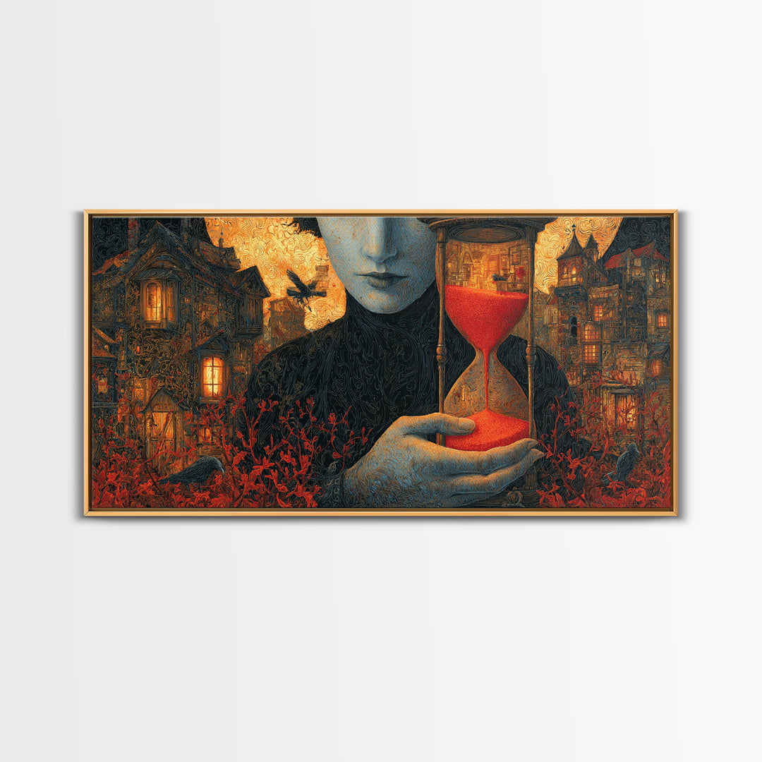 The Crimson Hourglass, Wide Panoramic Art, Macabre Wall Art, Framed Canvas Print, Halloween Wall Decor, Gothic Home Decor, Halloween Decor