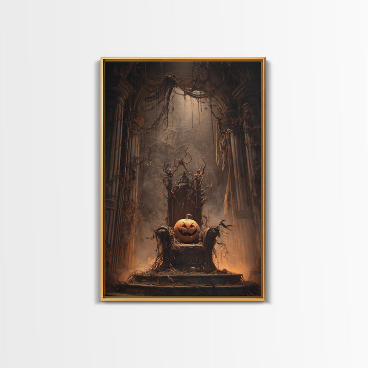 The Jack-O'-Lantern Throne, Vertical Wall Art, Gothic Horror Wall Art, Framed Canvas Print, Halloween Wall Decor, Gothic Home Decor