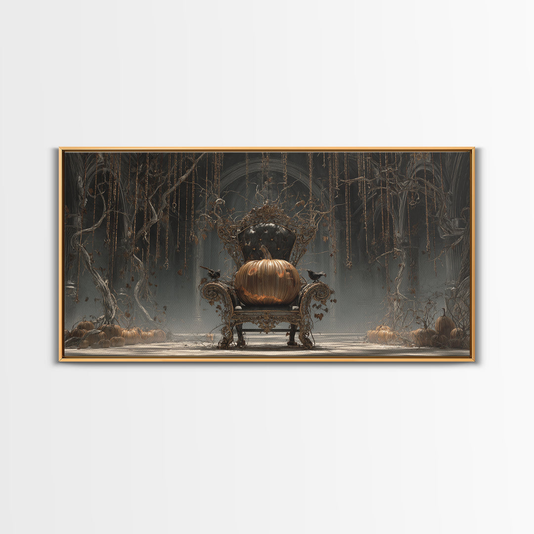 The Jack-O'-Lantern Throne, Wide Panoramic Art, Macabre Wall Art, Framed Canvas Print, Halloween Wall Decor, Gothic Home Decor