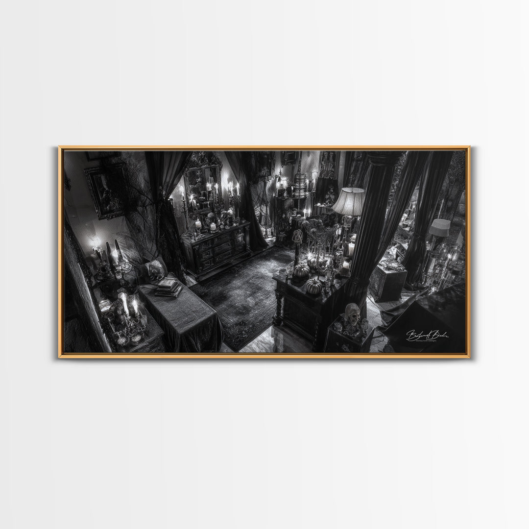Monochrome Gothic Halloween, Wide Panoramic Art, Macabre Wall Art, Framed Canvas Print, Halloween Wall Decor, Gothic Home Decor