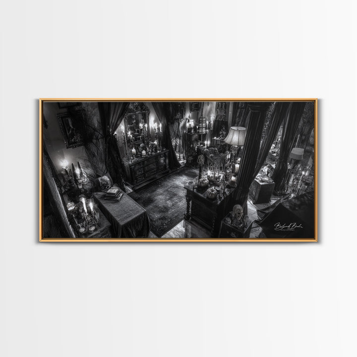 Monochrome Gothic Halloween, Wide Panoramic Art, Macabre Wall Art, Framed Canvas Print, Halloween Wall Decor, Gothic Home Decor