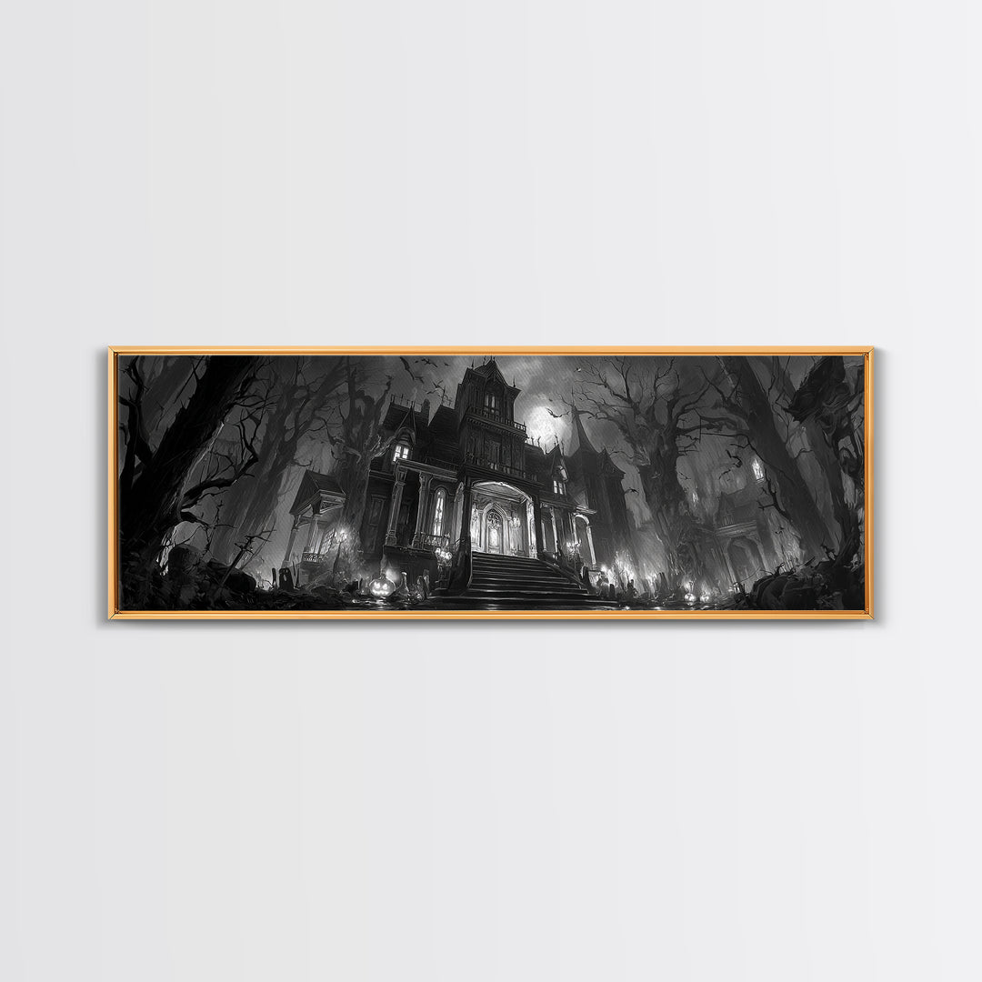 Monochrome Gothic Halloween, Extra Wide Wall Art, Spooky Home Decor, Canvas Print, Halloween Wall Decor, Gothic Home Decor, Dark Fantasy Art