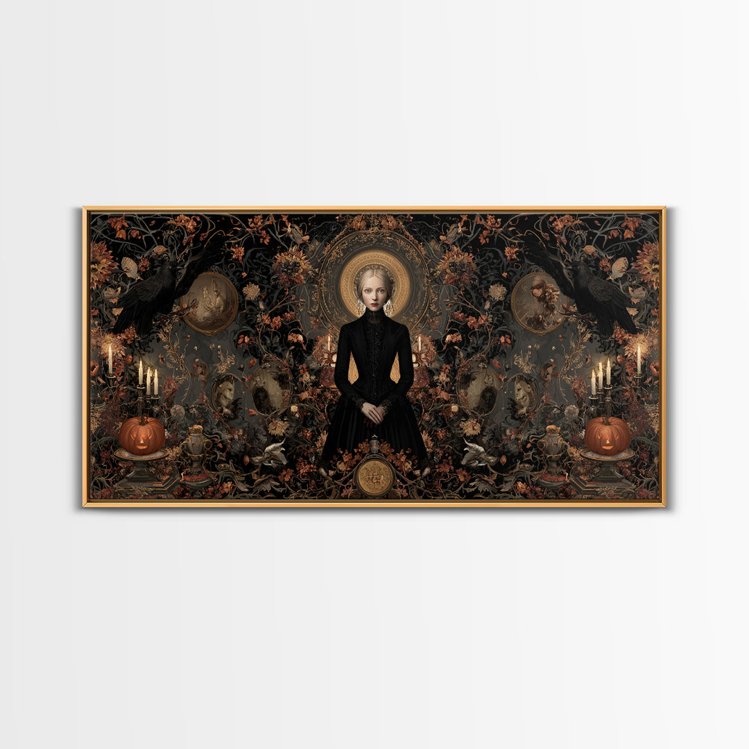Victorian Mourning Halloween, Wide Panoramic Art, Haunted Gothic Art, Framed Canvas Print, Halloween Wall Decor, Gothic Home Decor
