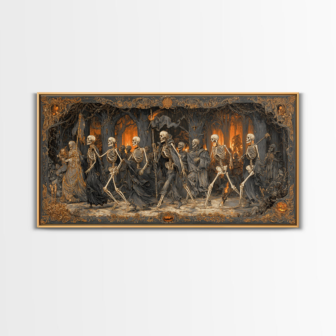 Medieval Danse Macabre, Wide Panoramic Art, Dark Fantasy Wall Art, Canvas Print, Halloween Wall Decor, Gothic Home Decor, Halloween Wall Art