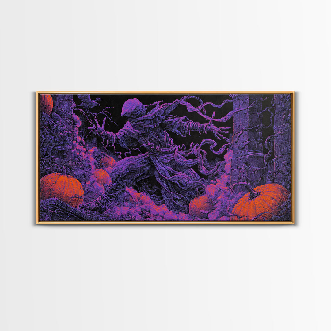 1980s Neon Horror, Wide Panoramic Art, Spooky Home Decor, Canvas Print, Halloween Wall Decor, Gothic Home Decor, Macabre Wall Art
