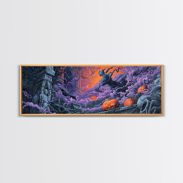 1980s Neon Horror, Extra Wide Wall Art, Dark Fantasy Wall Art, Canvas Print, Halloween Wall Decor, Gothic Home Decor, Macabre Wall Art