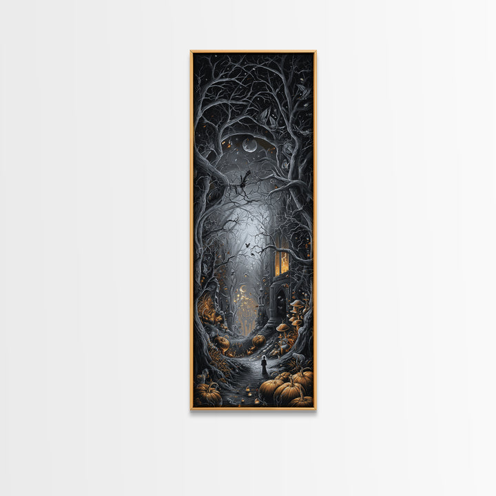 Enchanted Woodland Halloween, Tall Narrow Wall Art, Haunted Gothic Art, Framed Canvas Print, Halloween Wall Decor, Gothic Home Decor