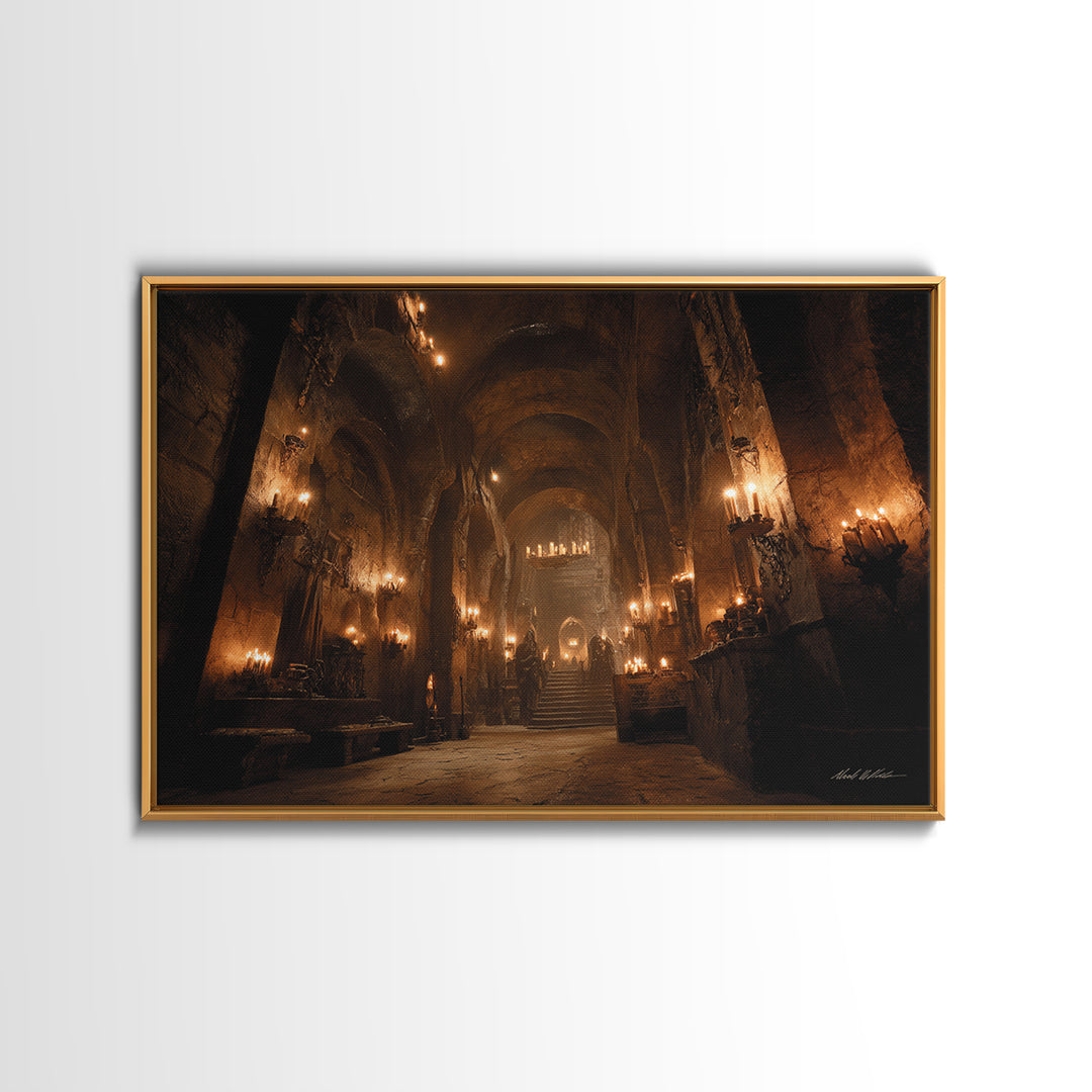The Candlelit Crypt, Landscape Wall Art, Gothic Horror Wall Art, Framed Canvas Print, Halloween Wall Decor, Gothic Home Decor