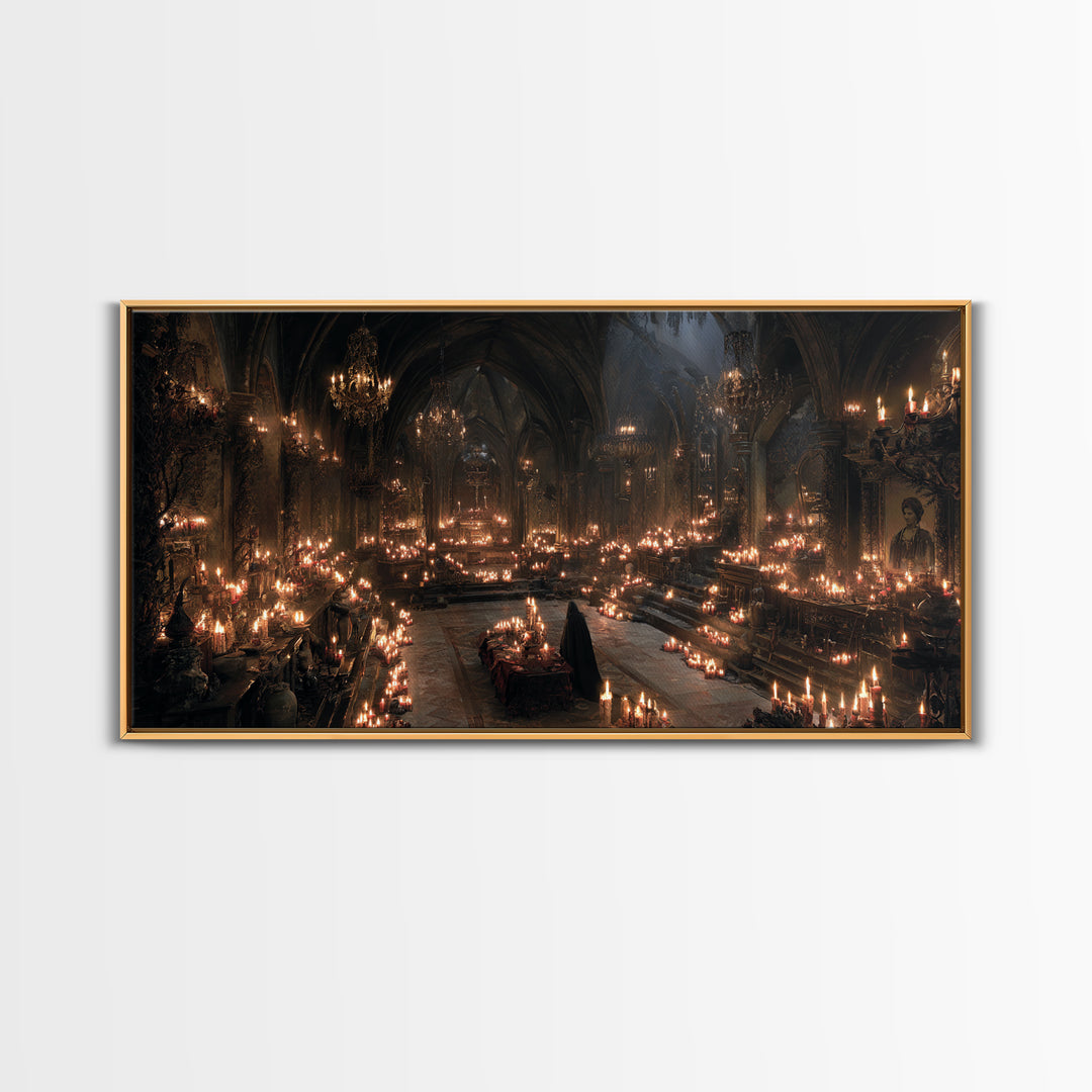 The Candlelit Crypt, Wide Panoramic Art, Dark Halloween Decor, Canvas Print, Halloween Wall Decor, Gothic Home Decor, Statement Wall Art