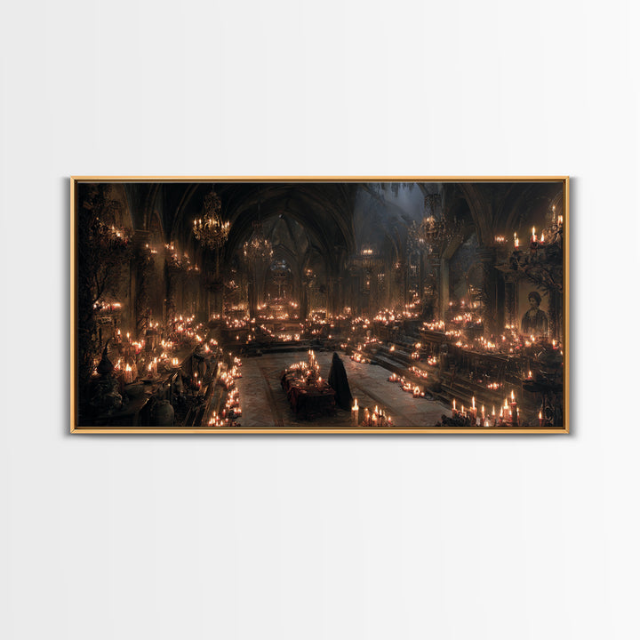 The Candlelit Crypt, Wide Panoramic Art, Dark Halloween Decor, Canvas Print, Halloween Wall Decor, Gothic Home Decor, Statement Wall Art