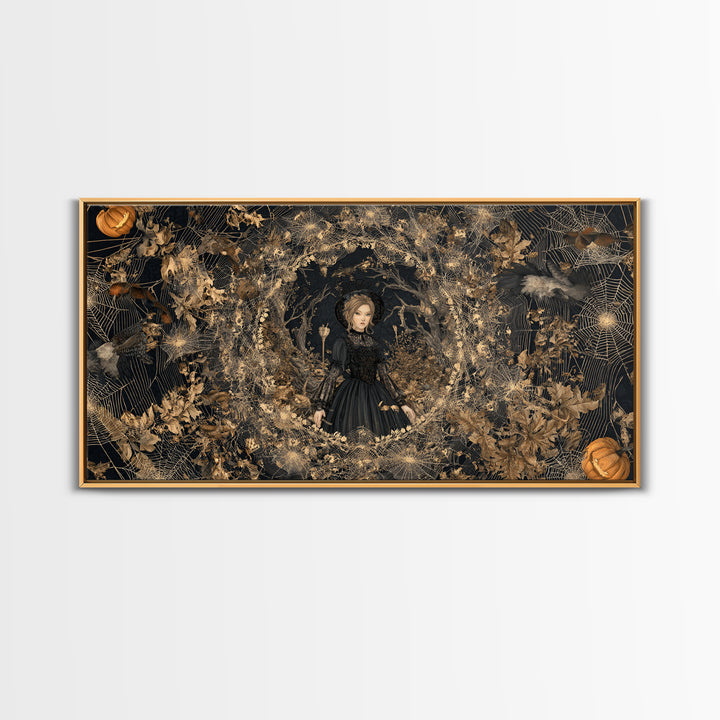 Black Lace And Cobwebs, Wide Panoramic Art, Haunted Gothic Art, Framed Canvas Print, Halloween Wall Decor, Gothic Home Decor