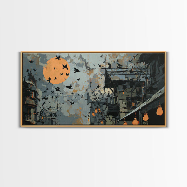 Ravens And Ruins, Wide Panoramic Art, Spooky Home Decor, Canvas Print, Halloween Wall Decor, Gothic Home Decor, Macabre Wall Art