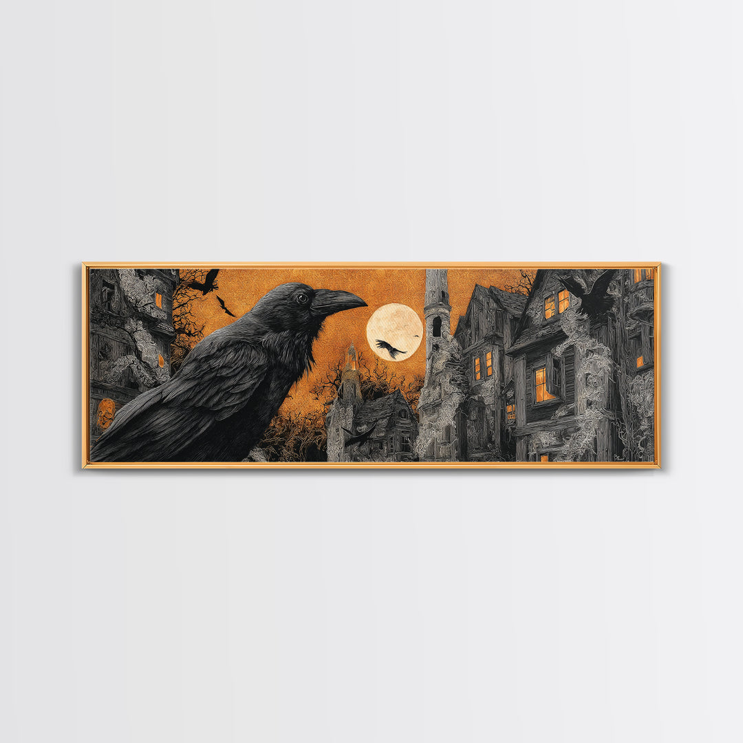 Ravens And Ruins, Extra Wide Wall Art, Macabre Wall Art, Framed Canvas Print, Halloween Wall Decor, Gothic Home Decor, Halloween Decor