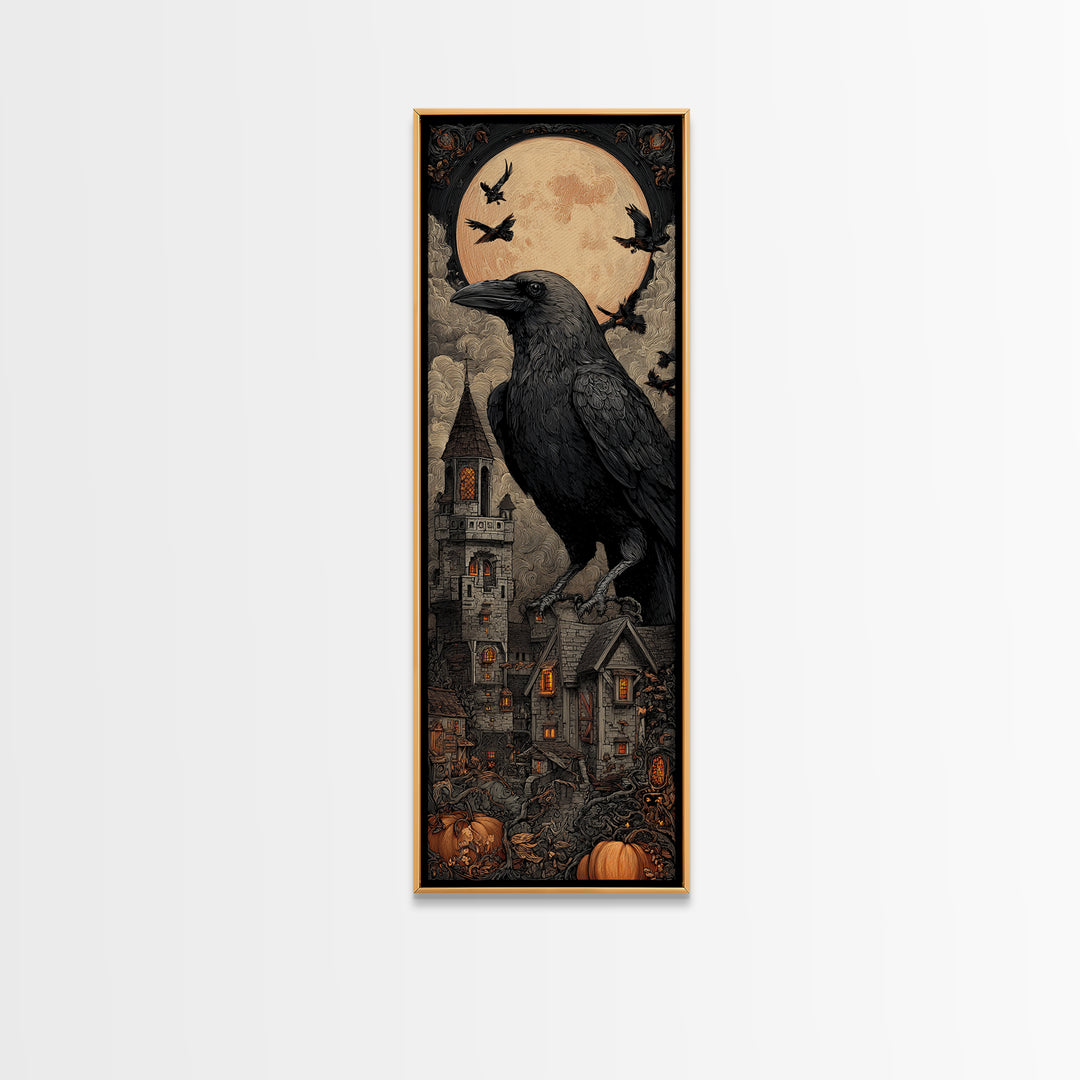 Ravens And Ruins, Tall Narrow Wall Art, Haunted Gothic Art, Framed Canvas Print, Halloween Wall Decor, Gothic Home Decor