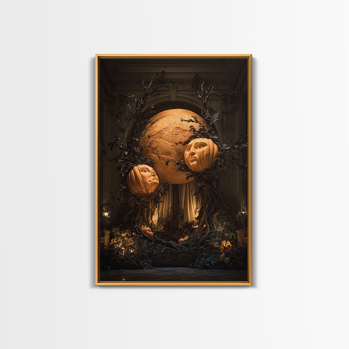 Pumpkins And Moon Phases, Vertical Wall Art, Macabre Wall Art, Framed Canvas Print, Halloween Wall Decor, Gothic Home Decor